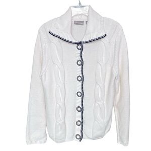 NWT Croft & Barrow Womens Cable Knit Cardigan Sweater Size L Ivory Navy Nautical